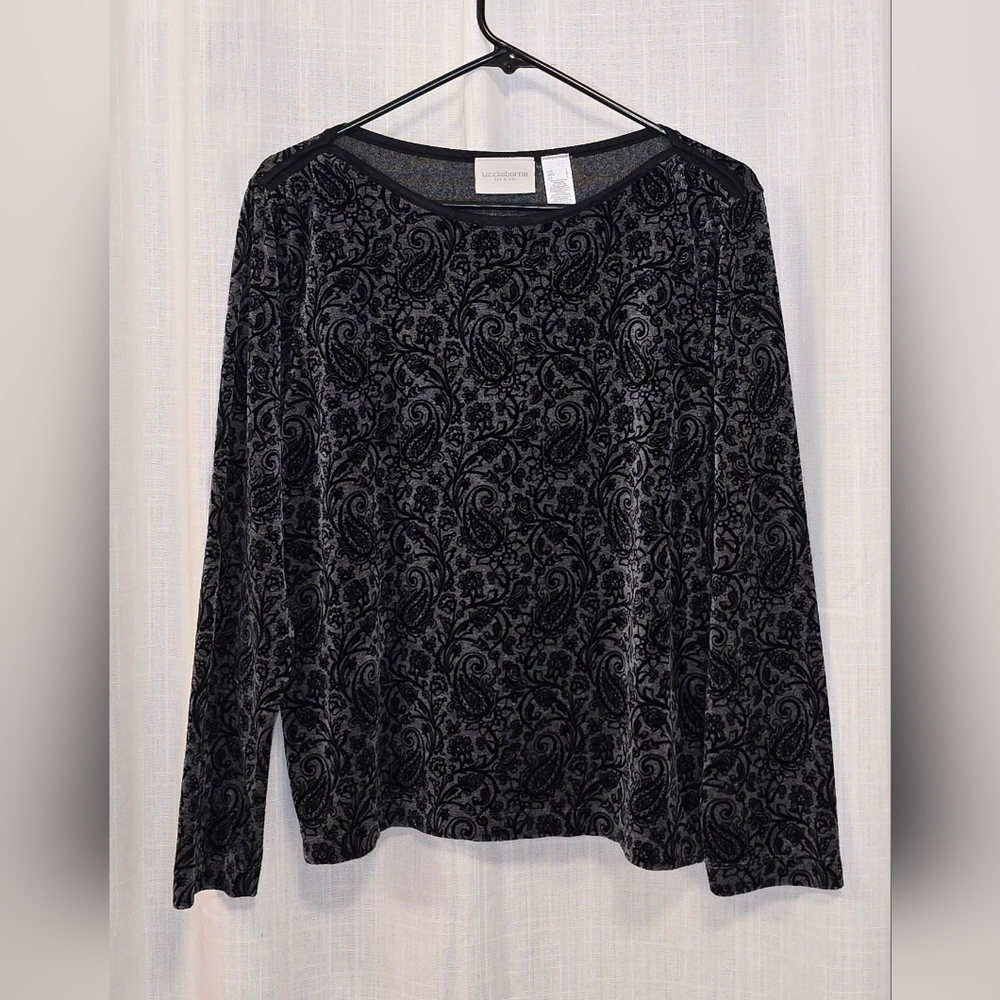 Liz Claiborne Black Velvet Burnout Paisley Long Sleeve Top